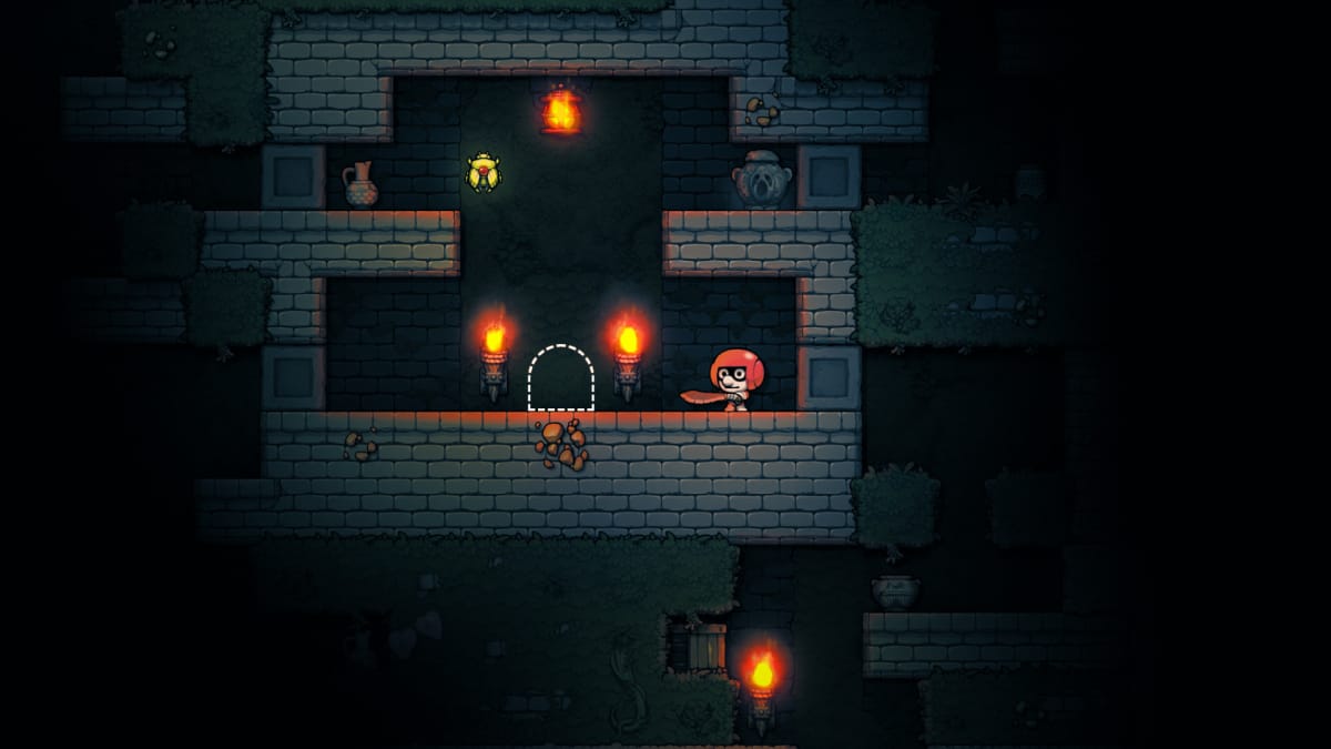 Spelunky 2 crossplay screenshot showing off a character staring at a wall where a door should be.