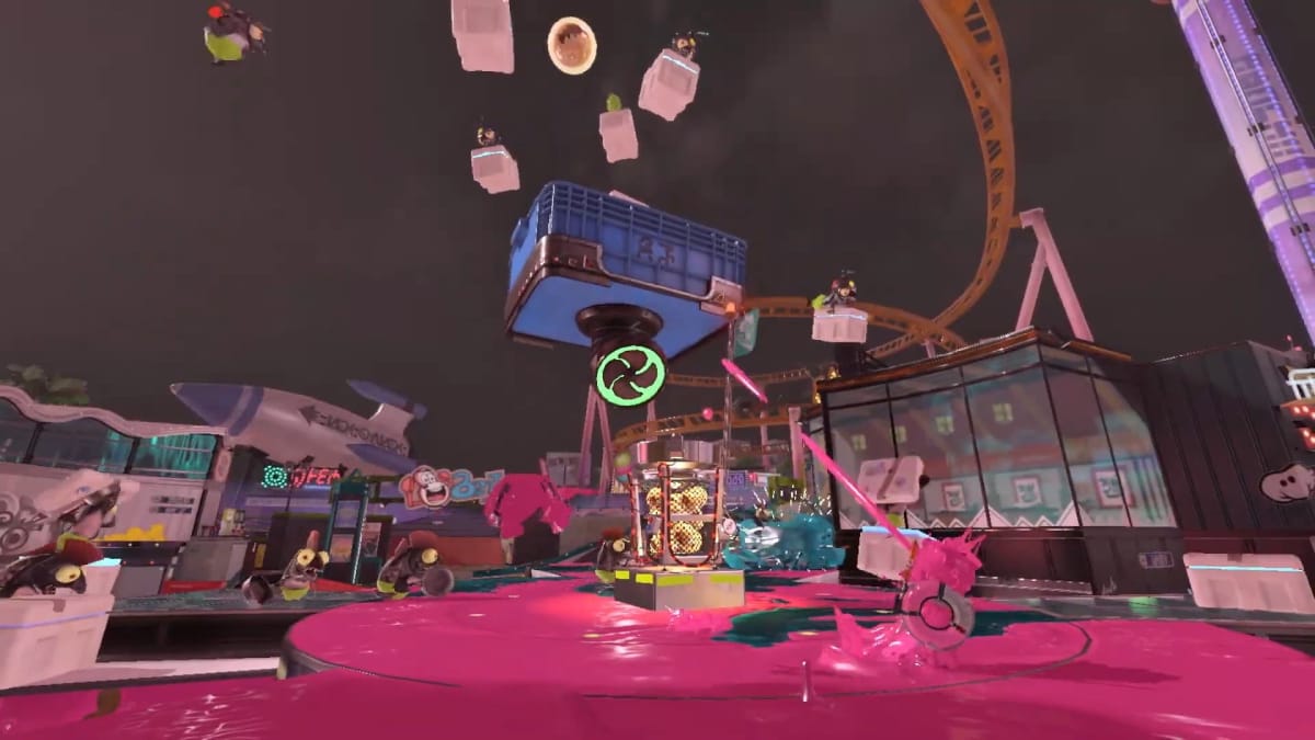 Splatoon 3 image of the new brinewater springs map covered in some form of pink ooze and enemies