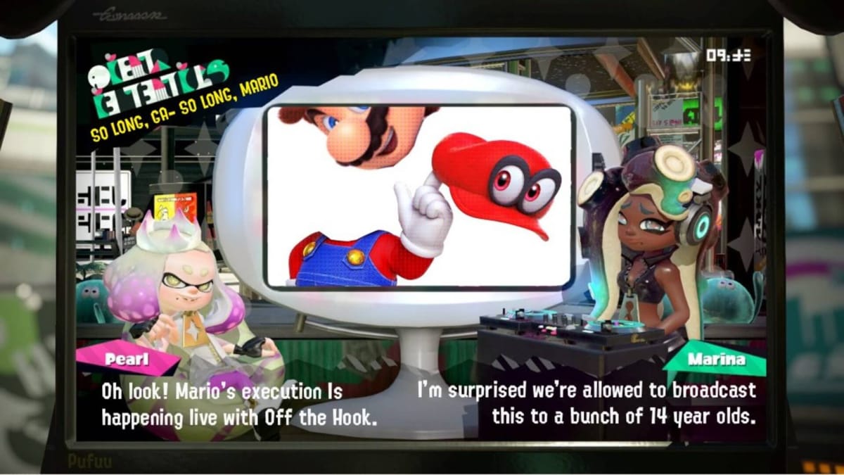 A fan-made edit of Pearl and Marina from Splatoon talking about Mario's impending death.