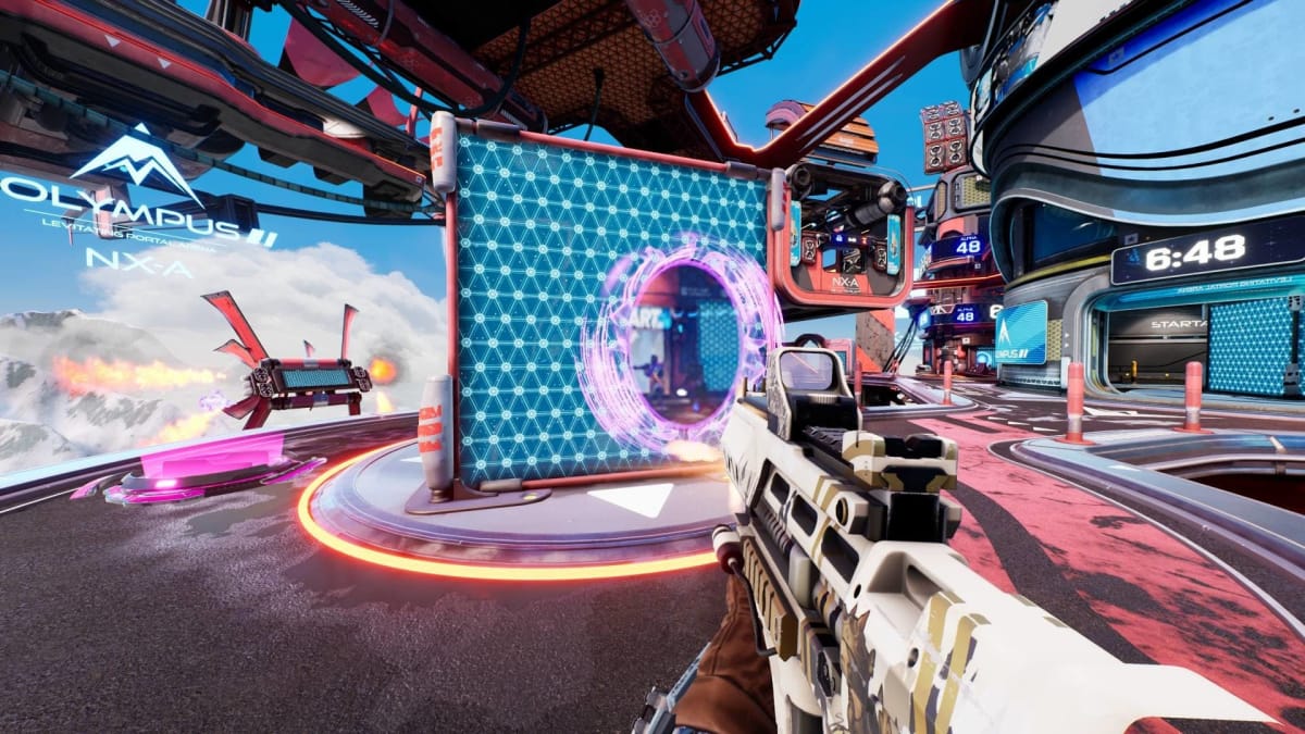 Splitgate screenshot in game of a player holding a weapon within what looks to be some sort of city in the sky, Splitgate updates ending