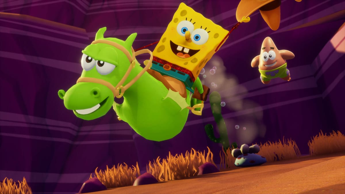 Spongebob Squarepants: The Cosmic Shake screenshot showing Spongebob riding a green horse.