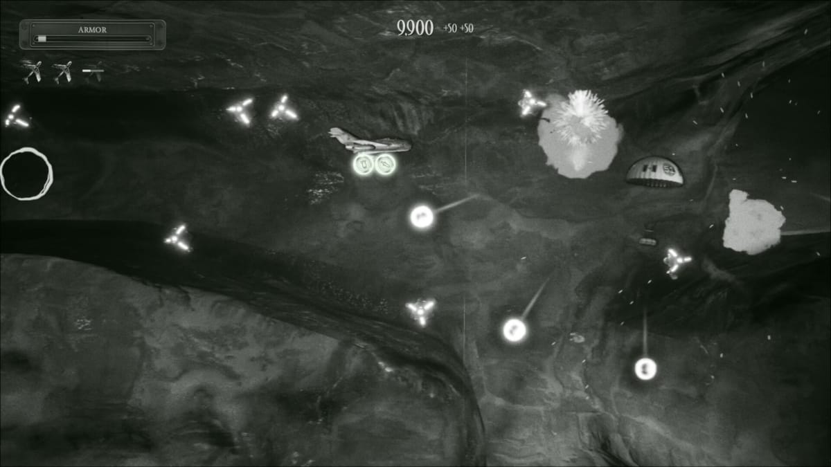 A plane flying through a corridor in Squad 51 vs. the Flying Saucers