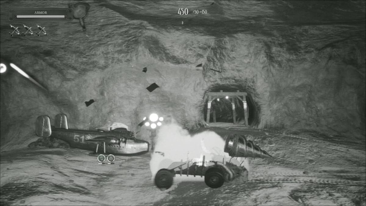 A large Squadron 51 plane fighting a drilling machine in a mine in Squad 51 vs. the Flying Saucers