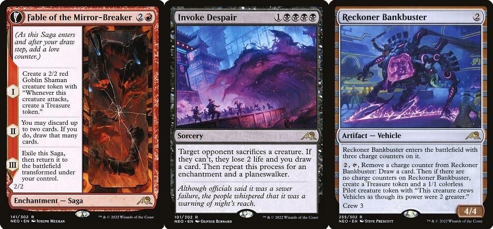 The three banned cards in Standard, Fable of the Mirror-Breaker, Invoke Despair, and Reckoner Bankubster