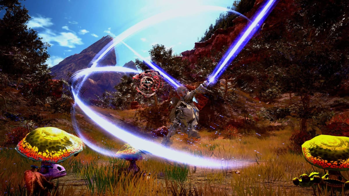 The party battling mushroom-style enemies in Star Ocean: The Divine Force