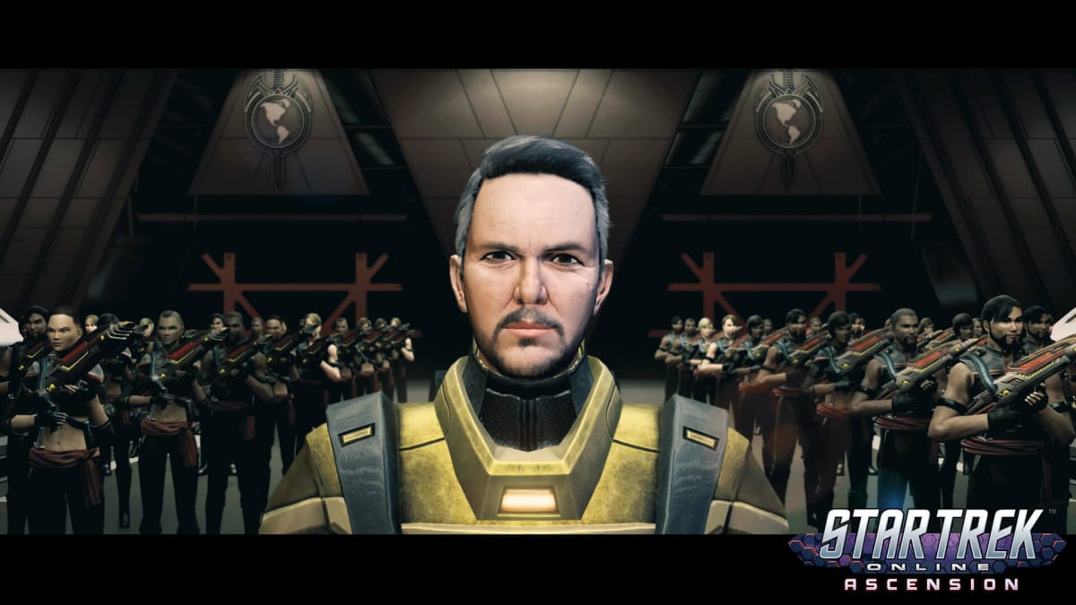 Emperor Wesley Crusher staring at the camera with an army at his back in the new Star Trek Online update
