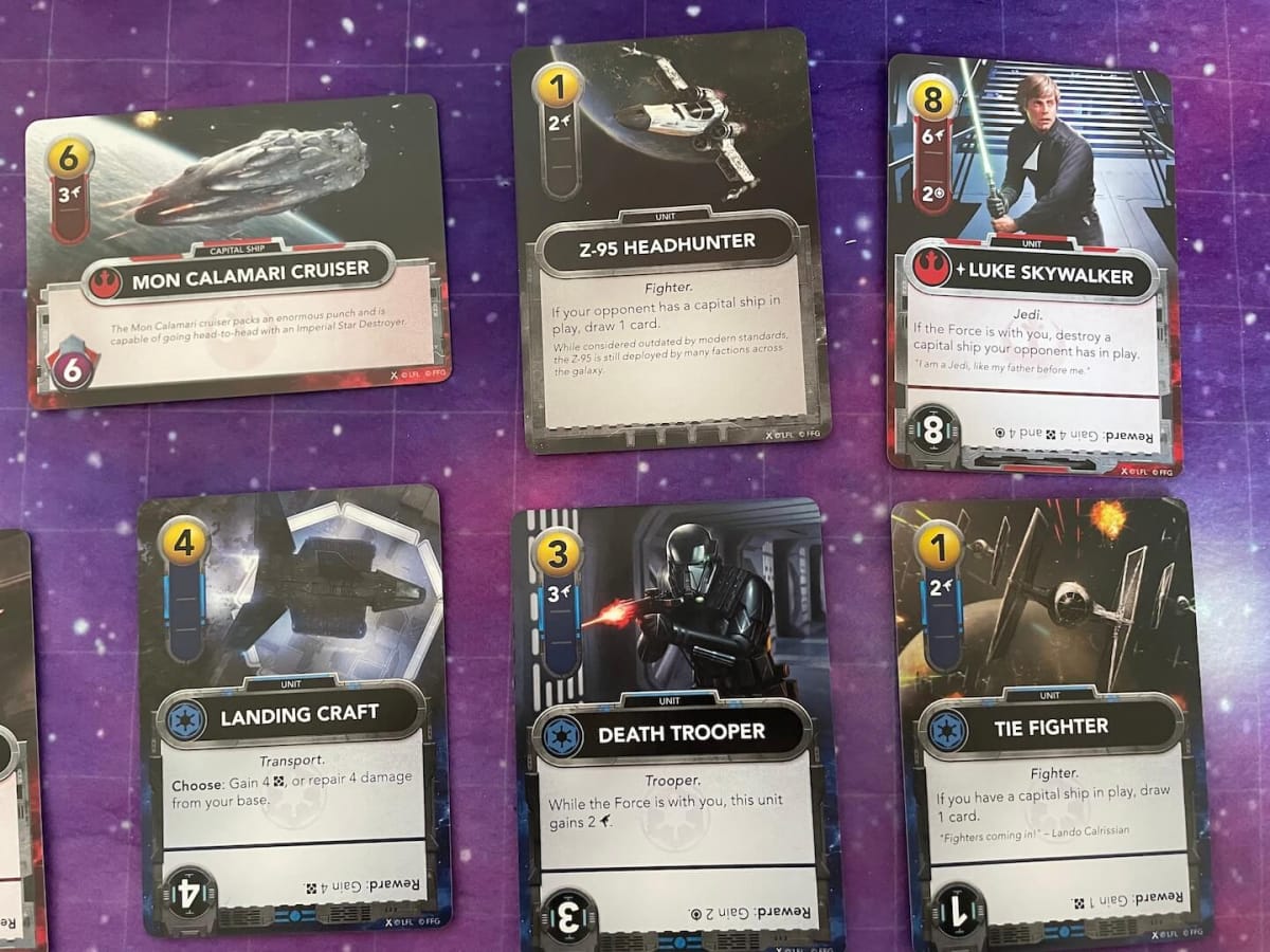 An image of Star Wars: The Deckbuilding Game depicting a closeup of cards you can play