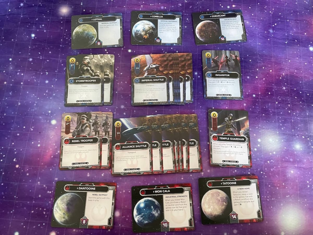 An image of Star Wars: The Deckbuilding Game depicting the game's starting cards