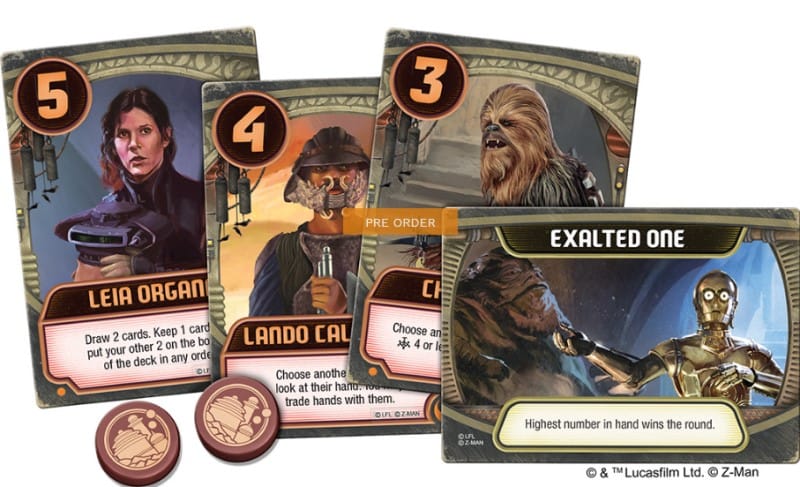 A spread of character cards and tokens seen in the Star Wars Jabba's Palace card game