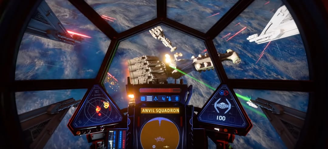 The view from a TIE Fighter's cockpit as they fly towards a flaming rebel cruiser
