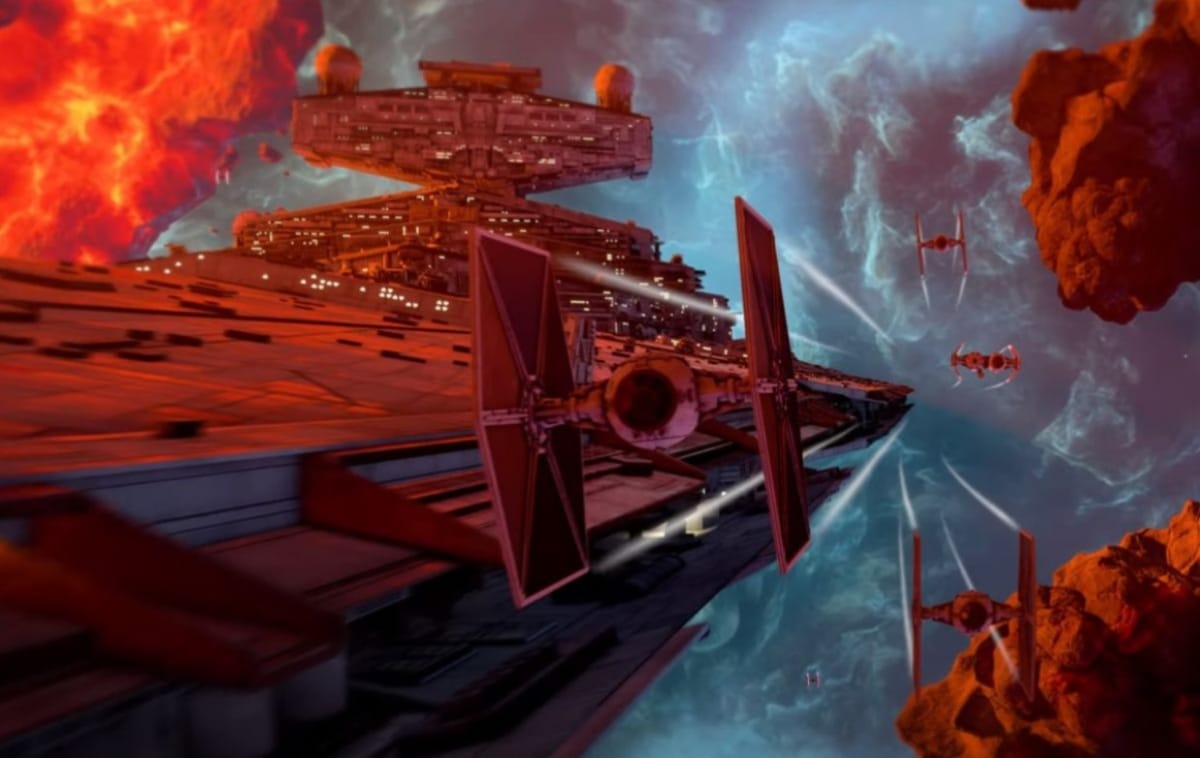 A swarm of TIE Fighters flying through a nebula with a star destroyer