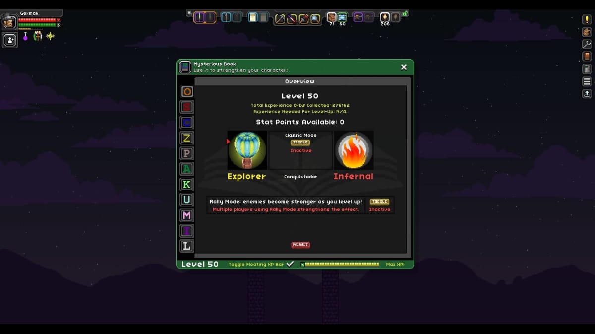 Starbound Mod RPG Growth Class Screen