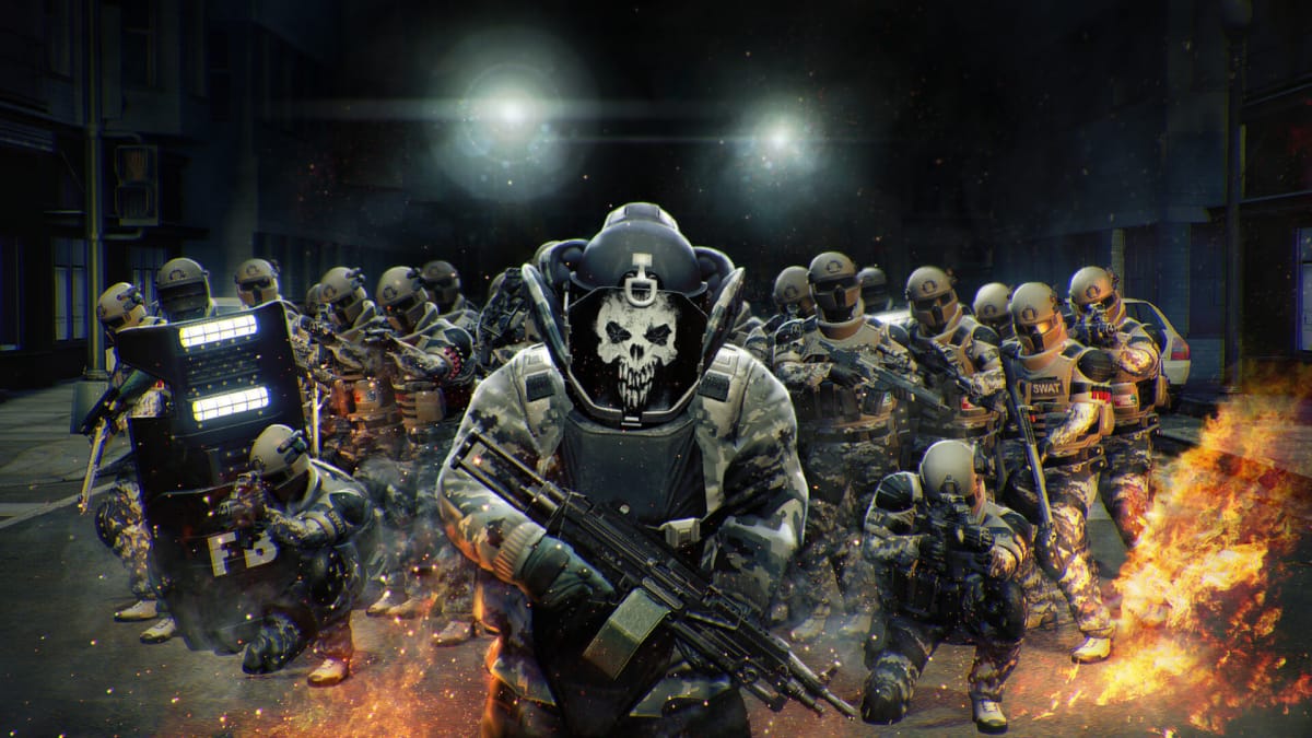 A squad of imposing-looking soldiers in Starbreeze Studios' Payday 2