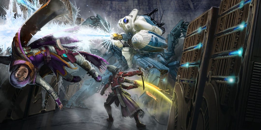 Artwork of aliens and heroes fighting on a spaceship