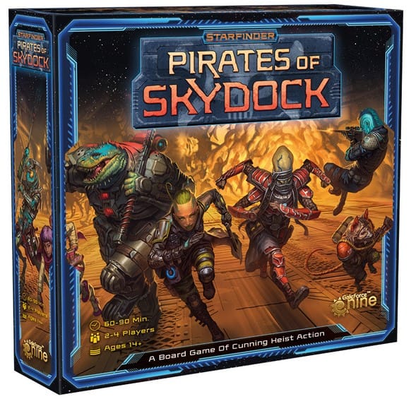 Box art of Starfinder Pirates of Skydock, showing a lizard man, a rat man, and a blue elf in jumpsuits