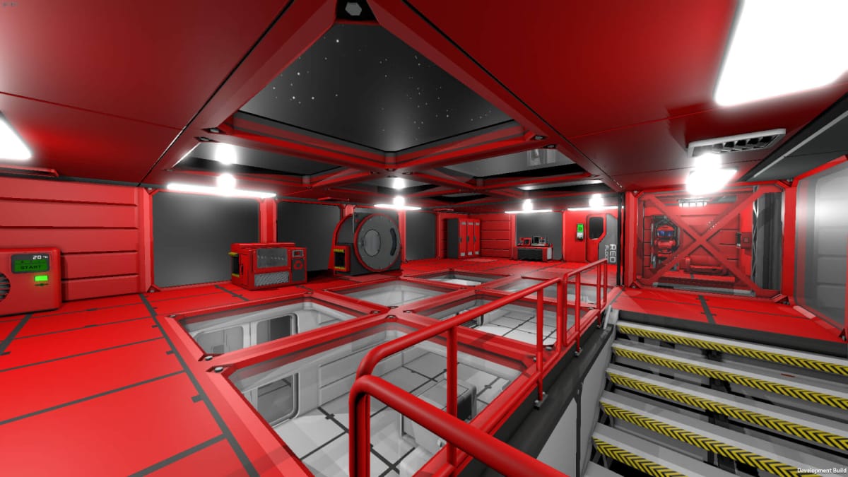 A station decked out in red and featuring various facilities in Stationeers