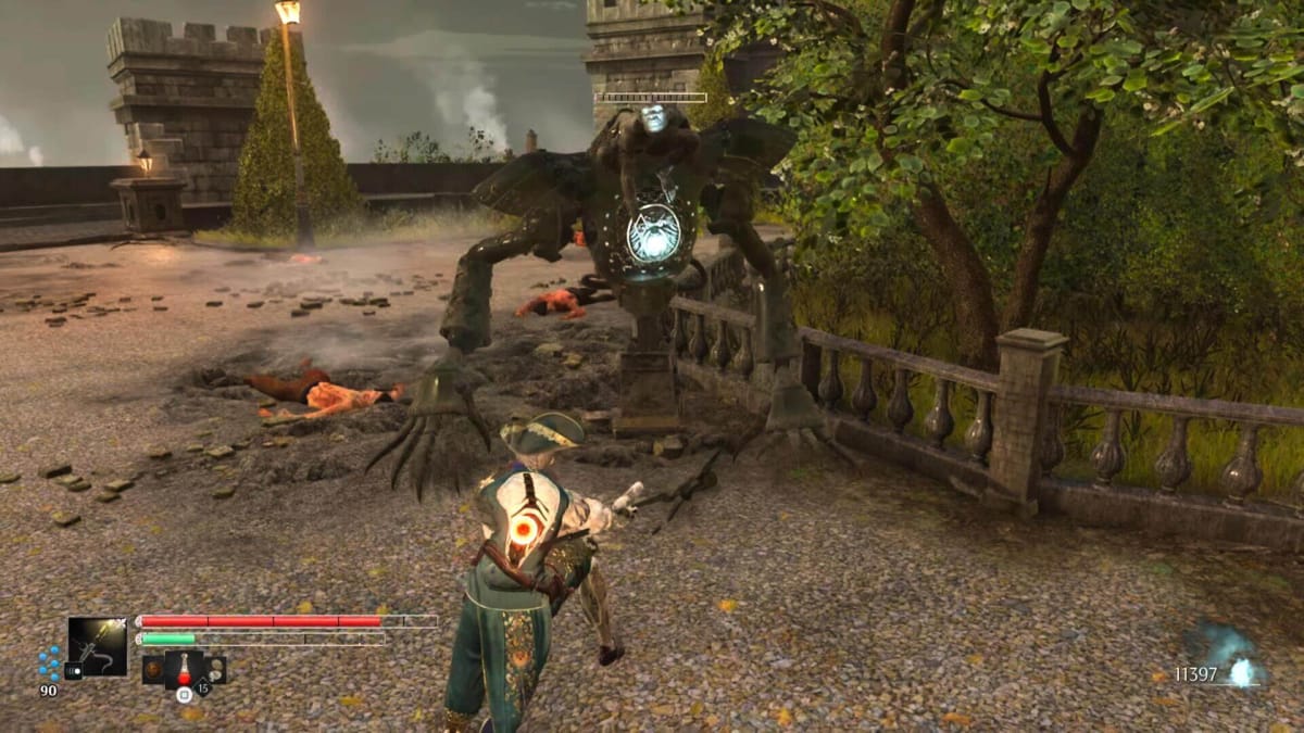 Aegis battling a large automaton in Steelrising