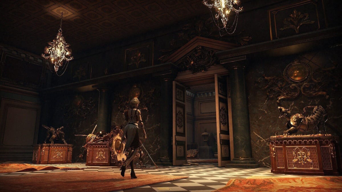 Steelrising DLC screenshot shows the main character walking in a fancy Parisian building.