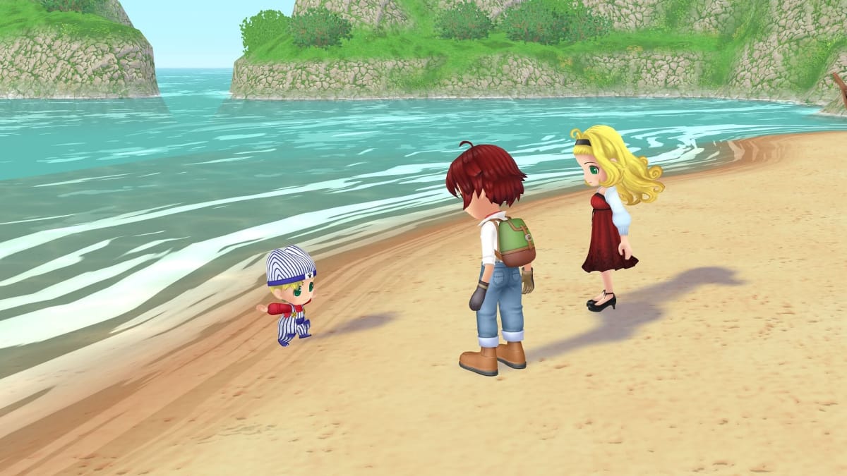 The player character hanging out with their child and Molly at the beach in Story of Seasons A Wonderful Life.