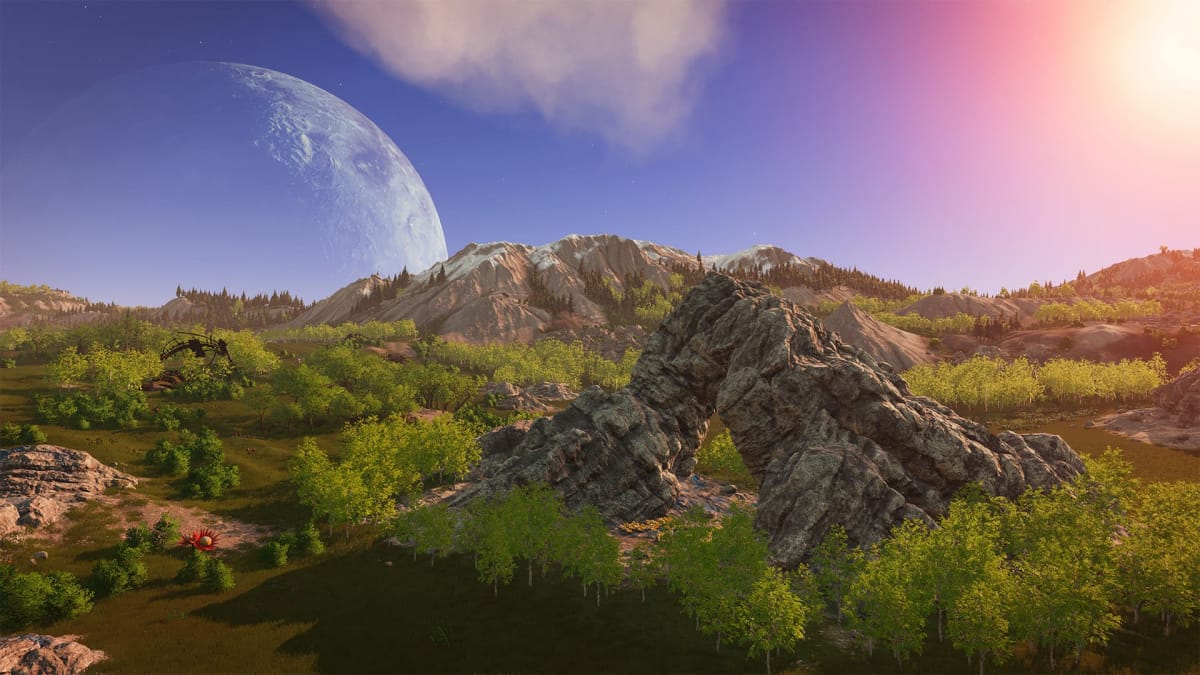 Stranded Alien Dawn Early Access, screenshot of the vast landscape showing off the wonders of the alien planet such as lush green trees and grass, and a large moon in the distance