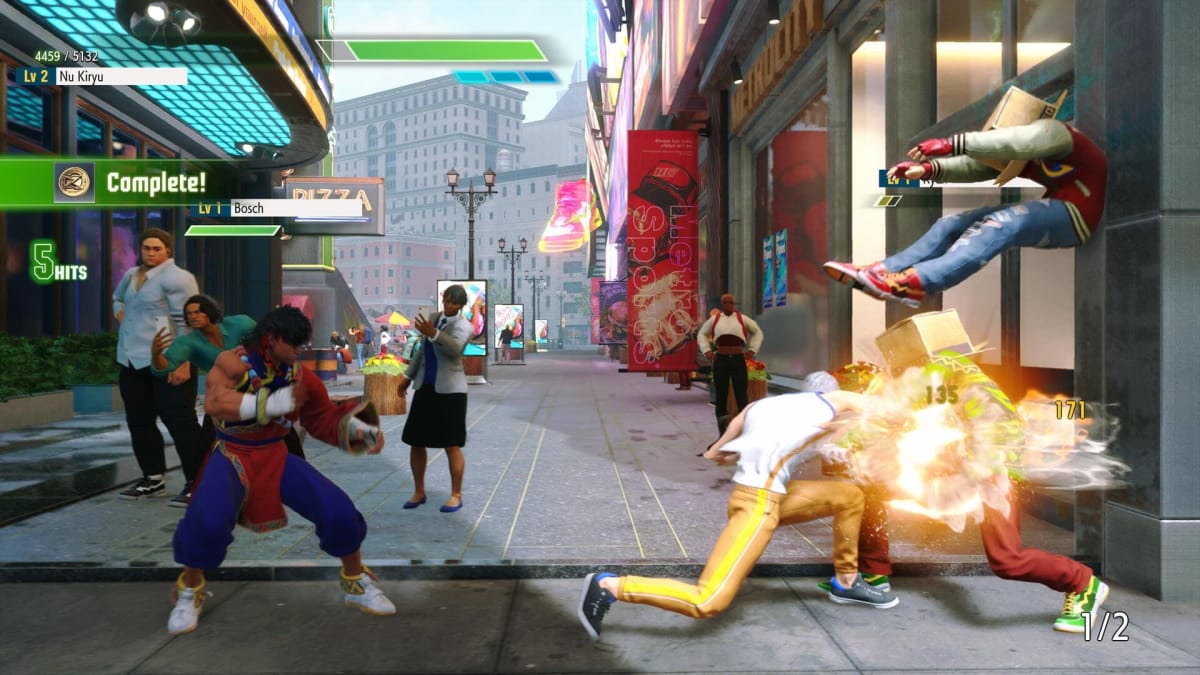 The protagonist and Bosch fighting enemies in Street Fighter 6 World Tour mode.