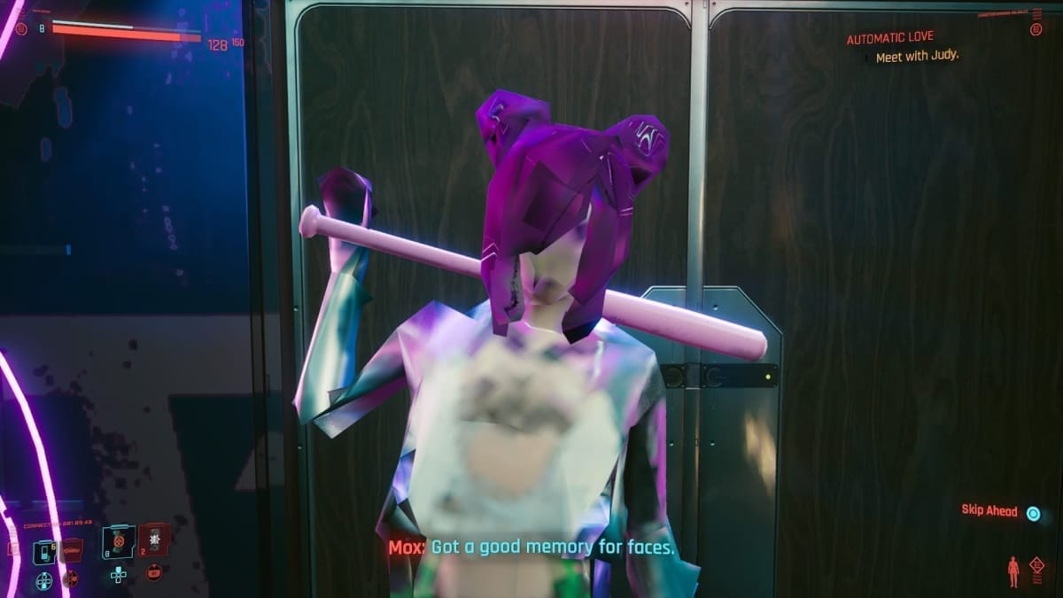 An example of the poorer textures on the console release of Cyberpunk 2077, as V speaks to a woman whose face had not fully rendered