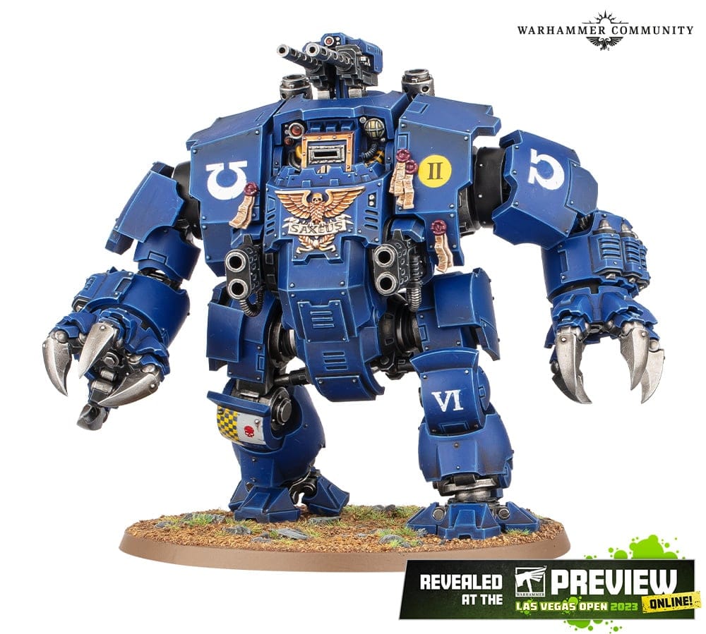 An image of the Strike Force Agastus Brutalis Dreadnought, painted in blue with huge crushing mechanical talons