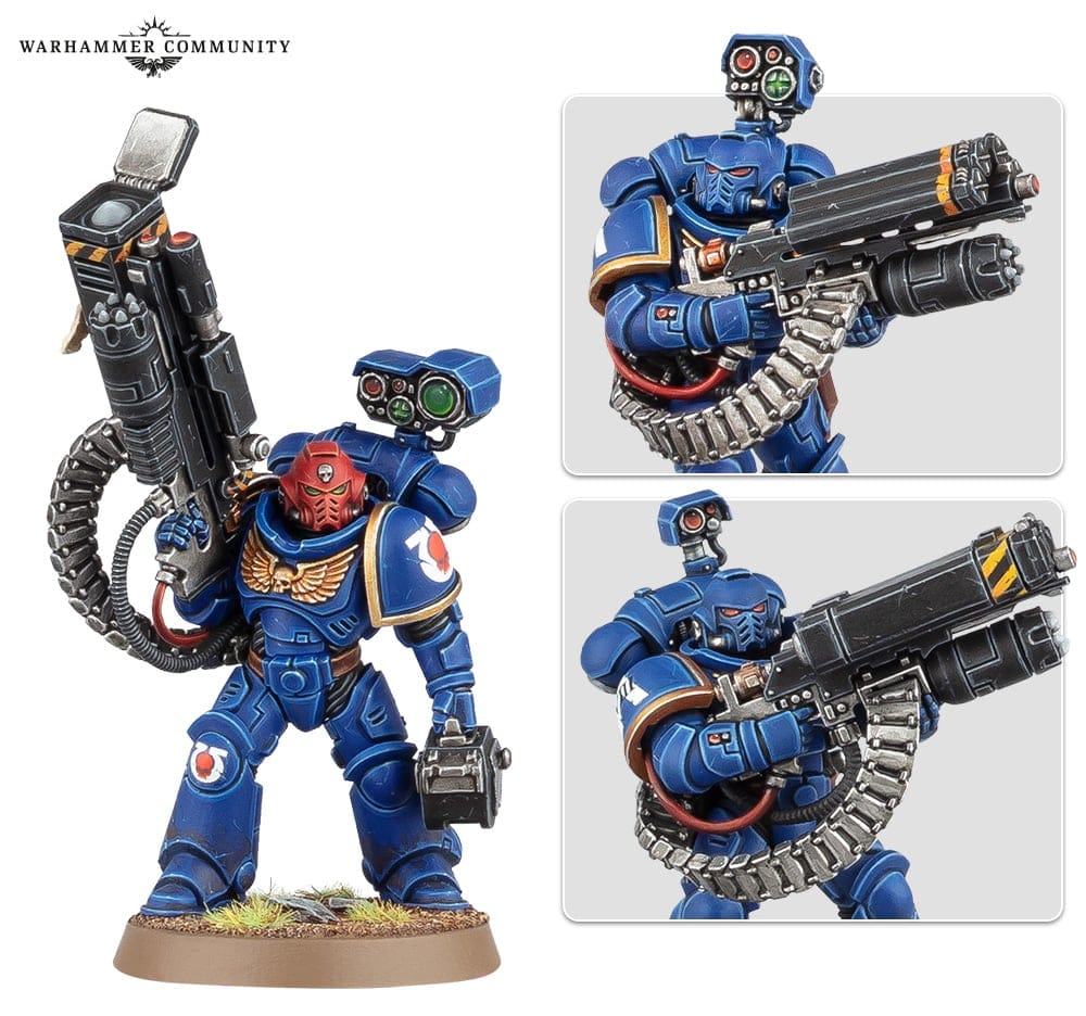 An image of Strike Force Agastus painted blue with huge futuristic guns.
