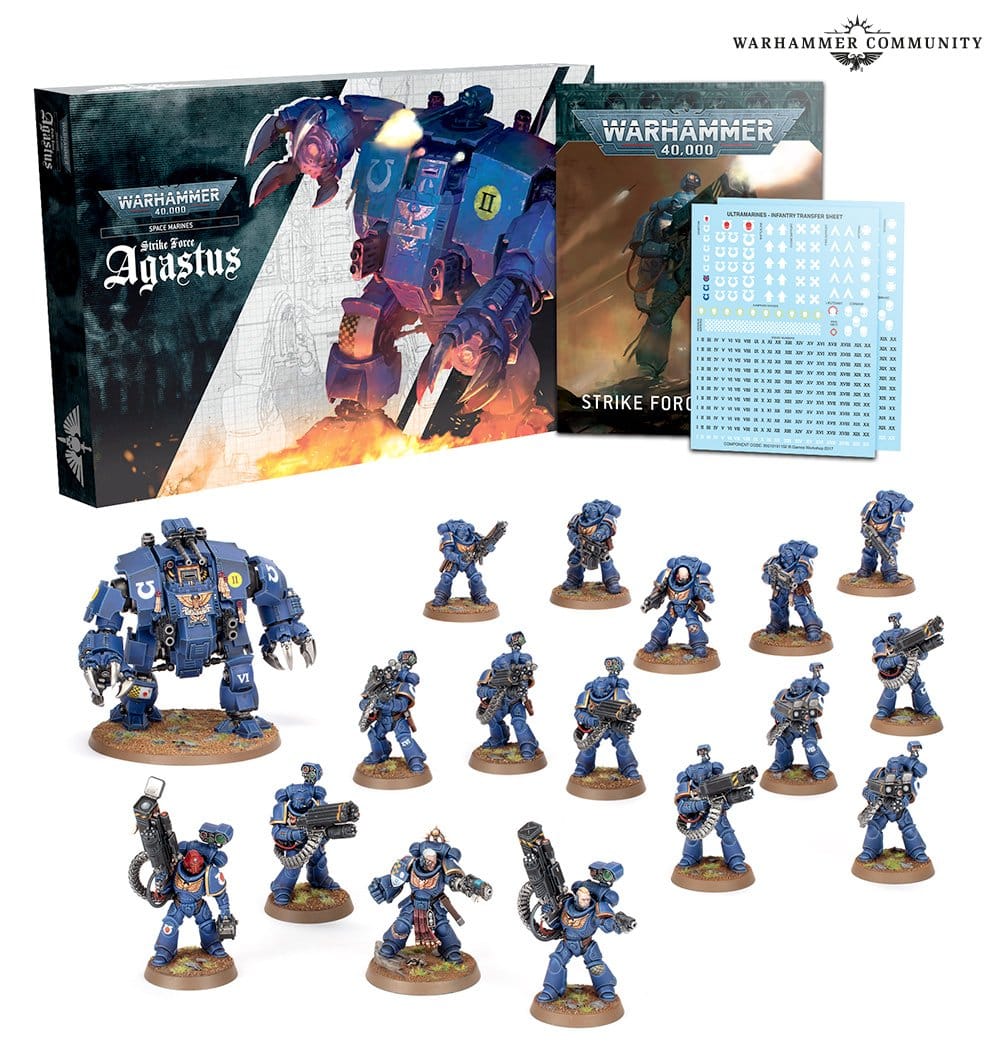 The contents of Strike Force Agastus for Warhammer 40K, displaying models, rules, and transfer sheets