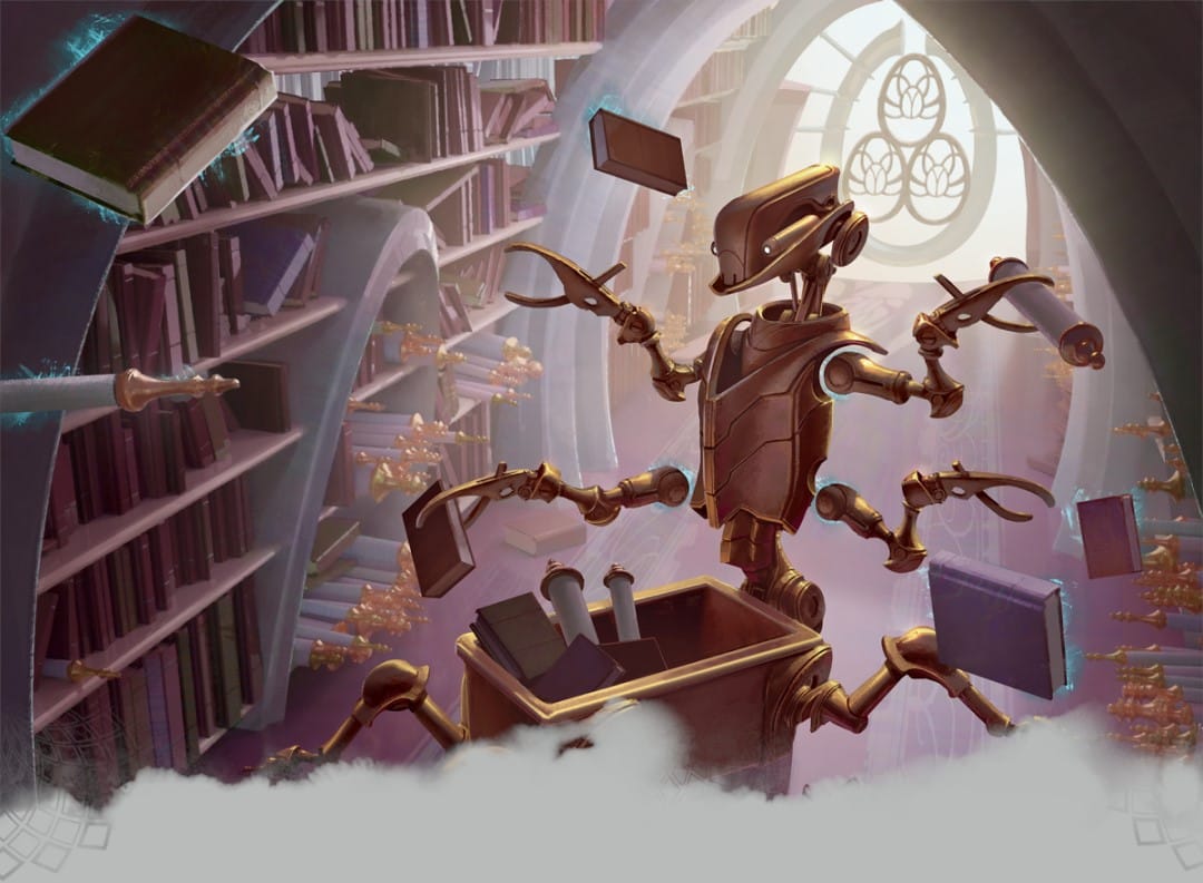 A mechanical being sorting magical scrolls and books