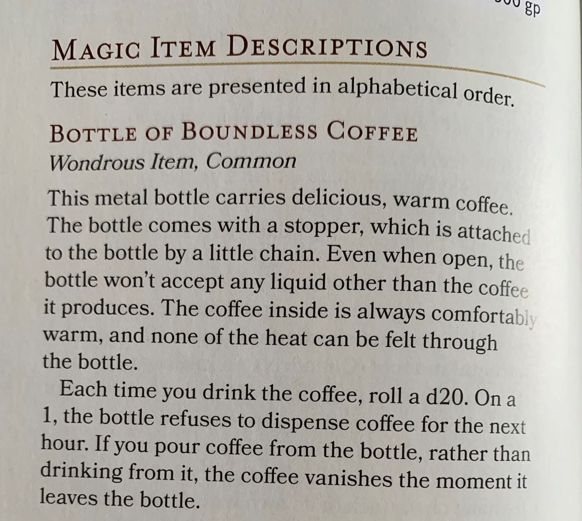 The description of a magic item called Bottle of Boundless Coffee