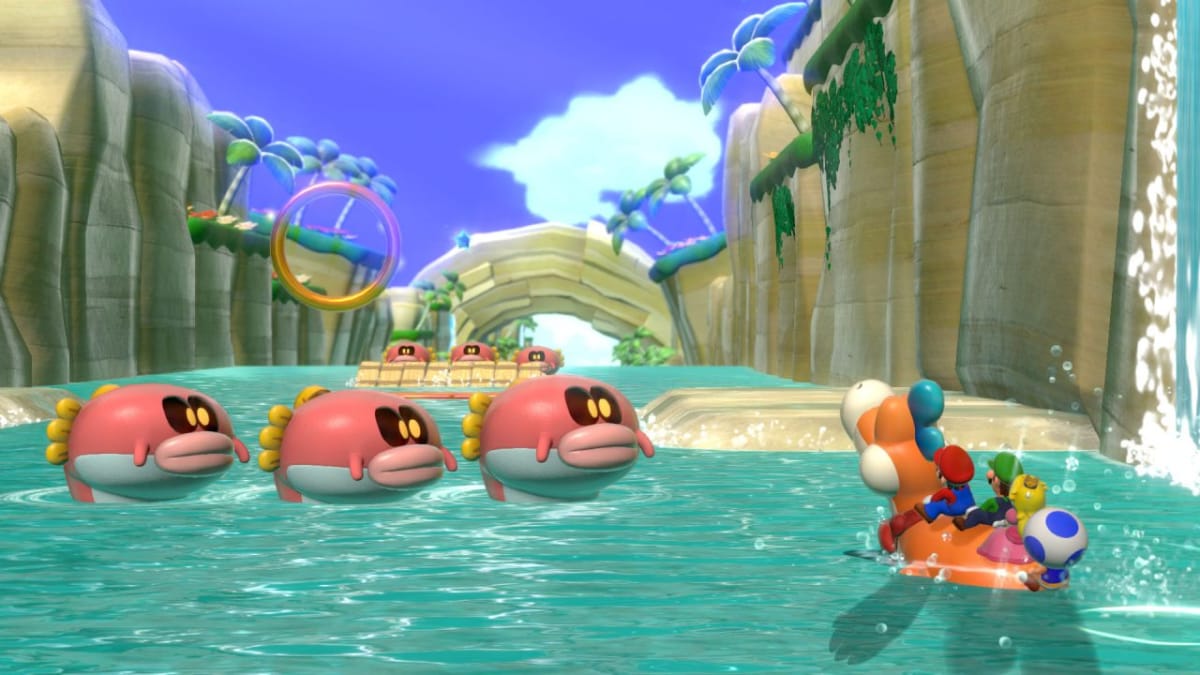 Mario riding a sea creature through a river