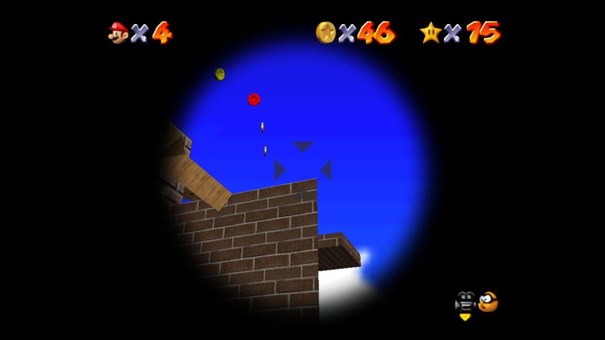 A first-person view of a sharp corner of bricked wall