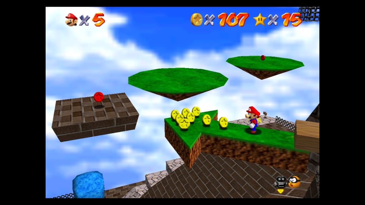 Mario standing on spinning islands floating in the sky