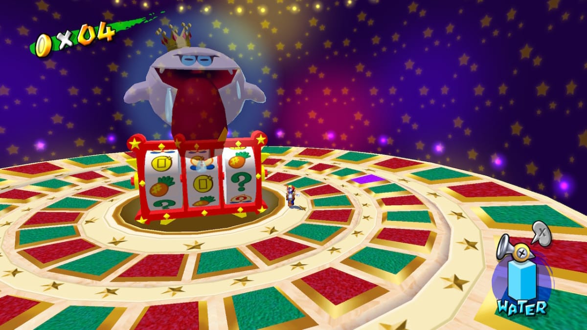 Mario facing a giant ghost on top of a large roulette wheel
