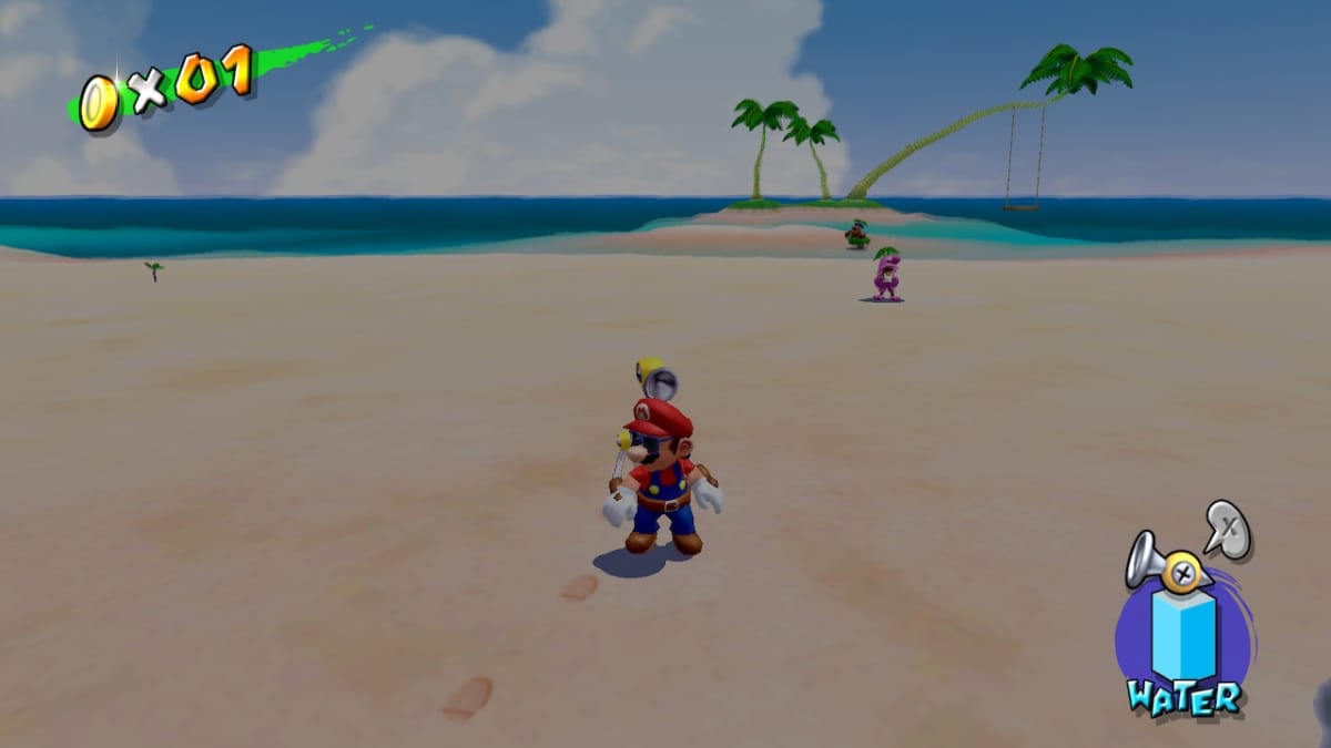 Mario standing on a sandy beach with sunglasses on