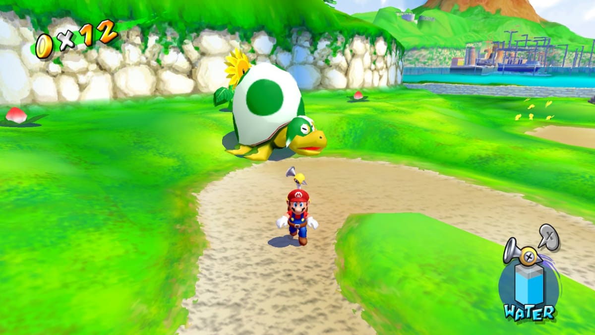 Mario encountering a giant turtle using a yoshi egg for a shell