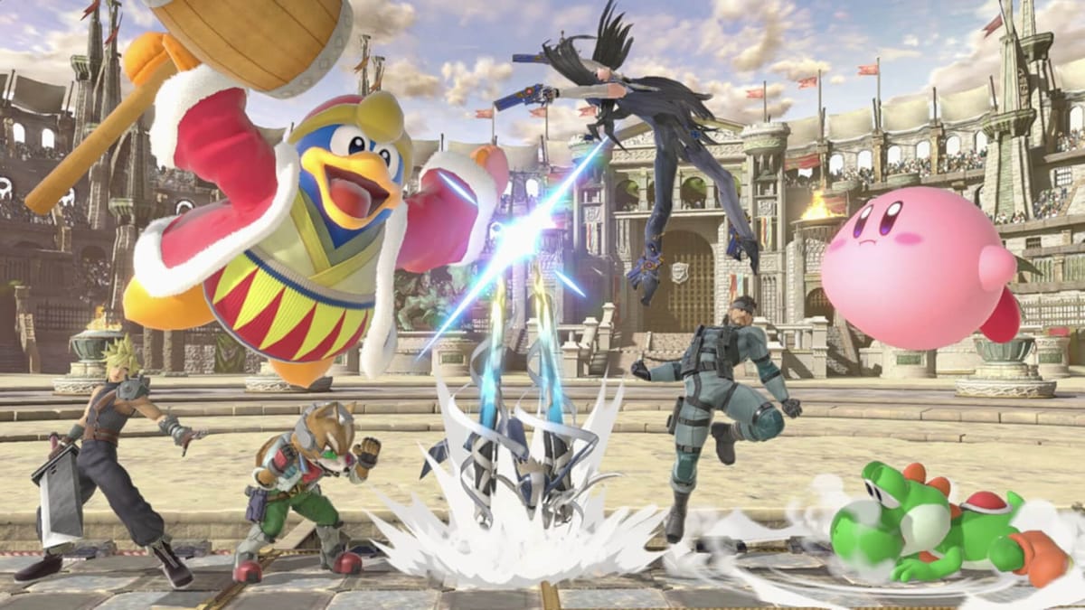 King Dedede, Snake, and others fighting in Super Smash Bros Ultimate