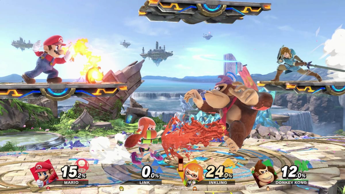 Mario, Donkey Kong, Link, and Inkling battling it out in Super Smash Bros Ultimate