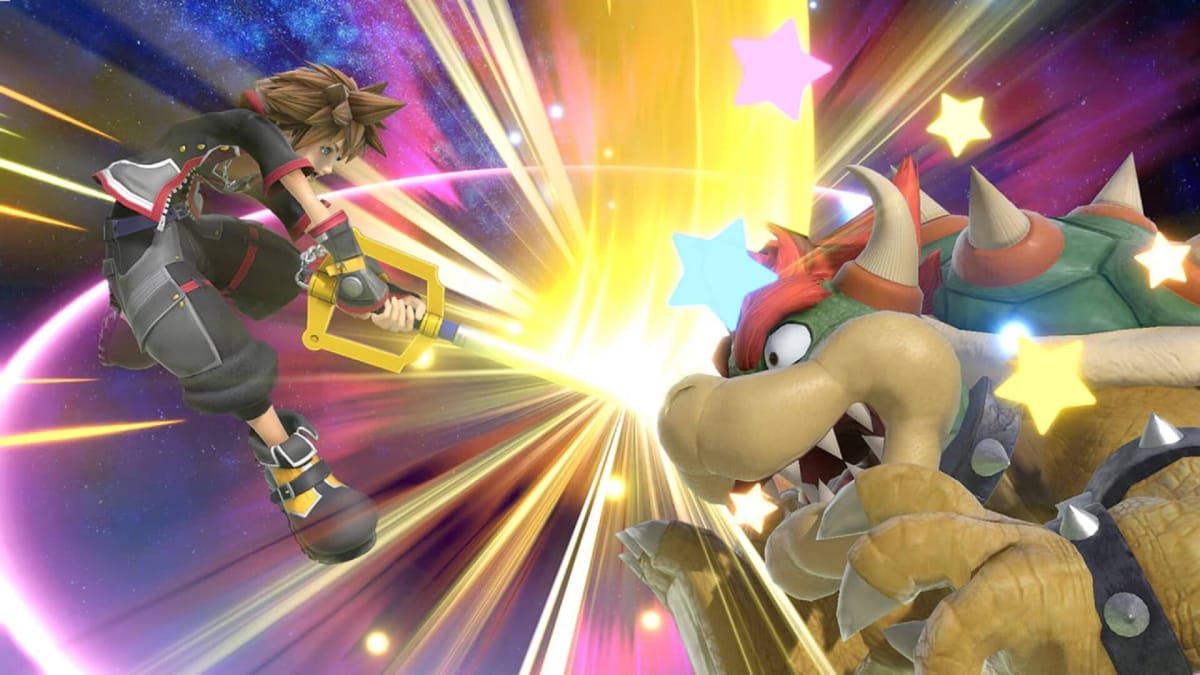 Sora hitting Bowser with the Keyblade in Super Smash Bros Ultimate