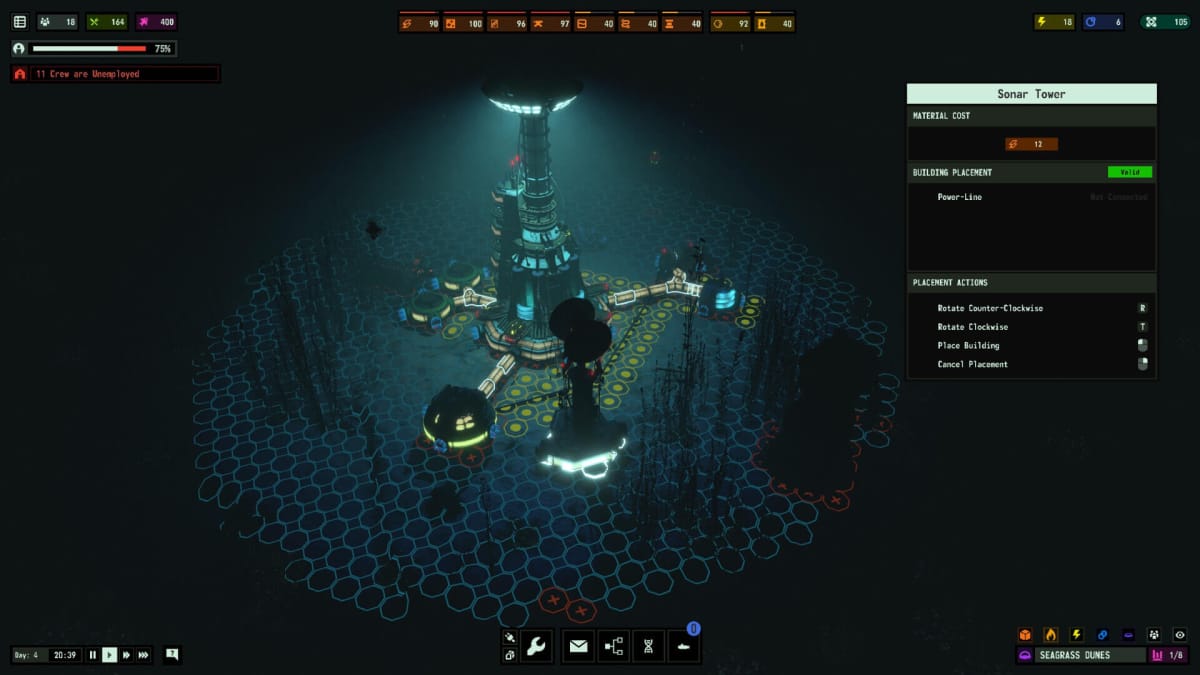 A base with menu screens surrounding it in Surviving the Abyss