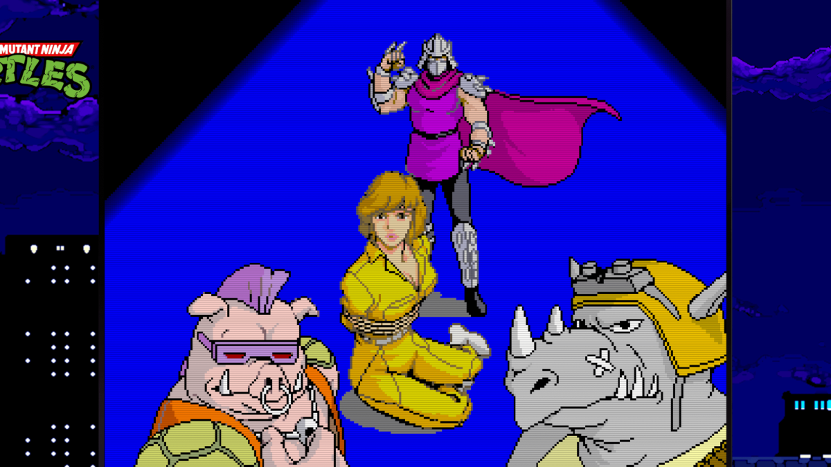April is kidnapped by Shredder and his goons once again in a screenshot from the TMNT arcade game.