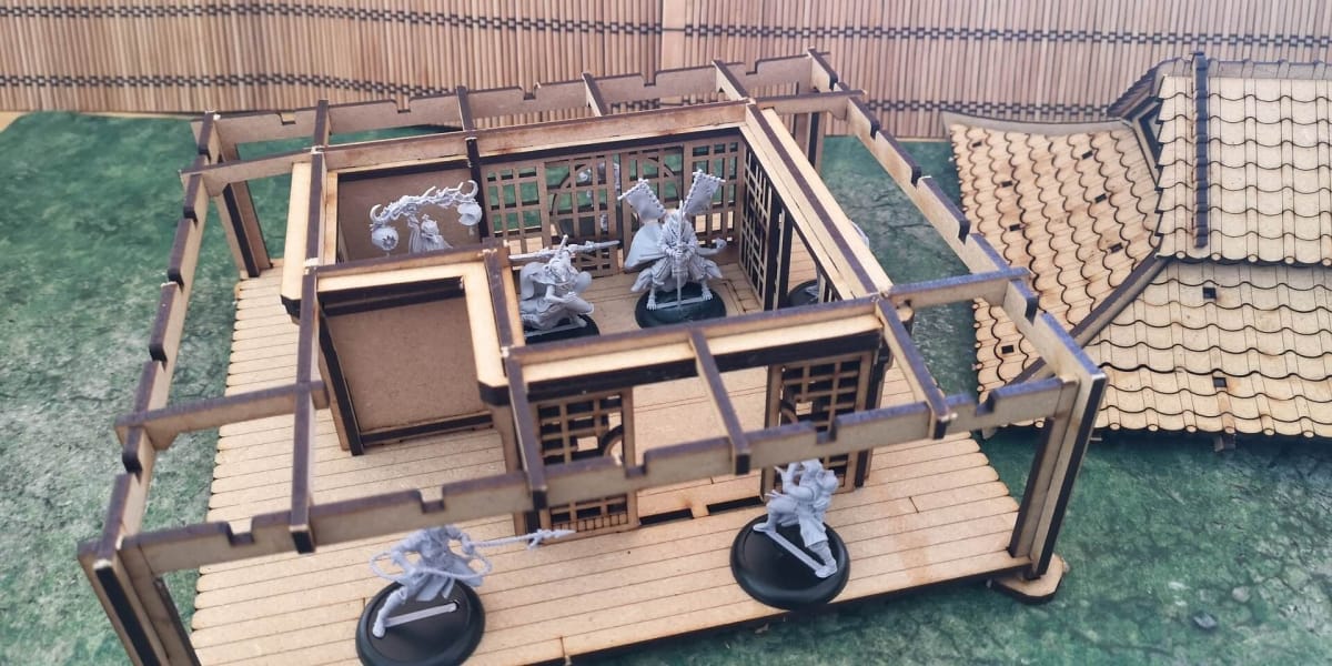 Tabletop Scenics Toshi Ochaya Gardens set Tea House in a game of Bushido.