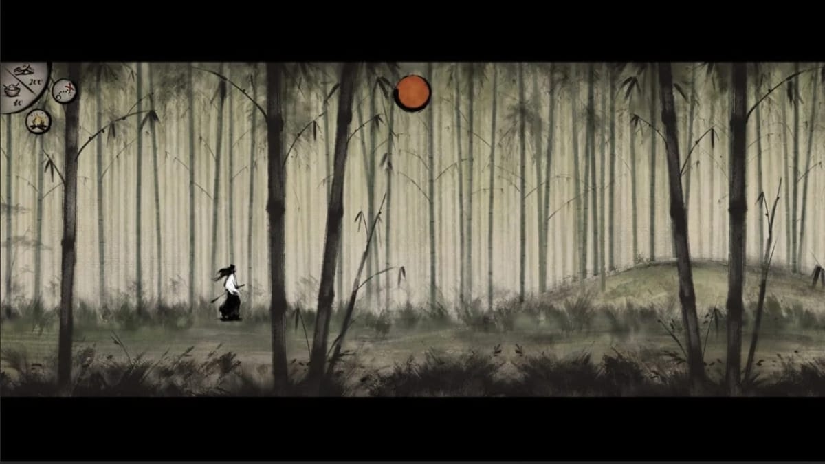 Tale of Ronin screenshot showing a samurai walking through a forest in an edo-period style of art. 
