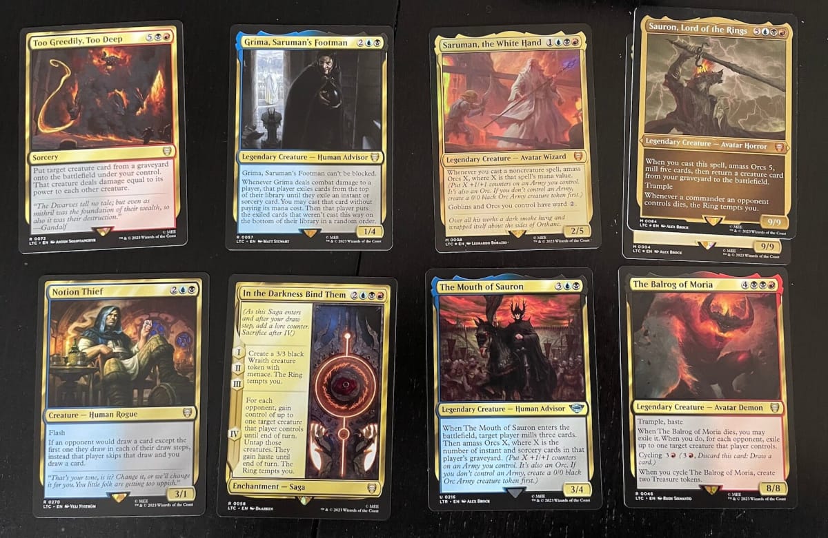 An image of some key cards from the MTG Tales of Middle-Earth Commander Deck The Hosts of Mordor