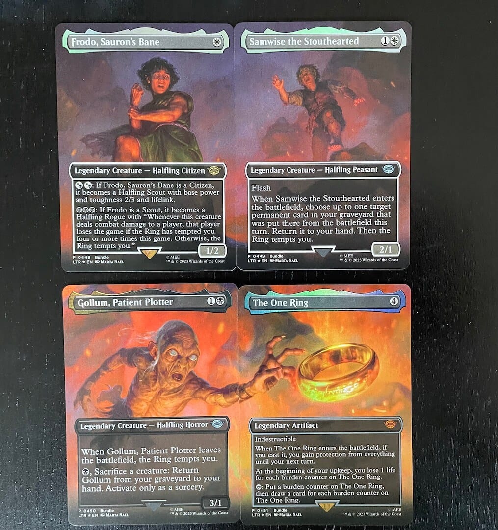 An image of MTG Tales of Middle-earth borderless art cards depicting Frodo, Sam, Gollum and the Ring.