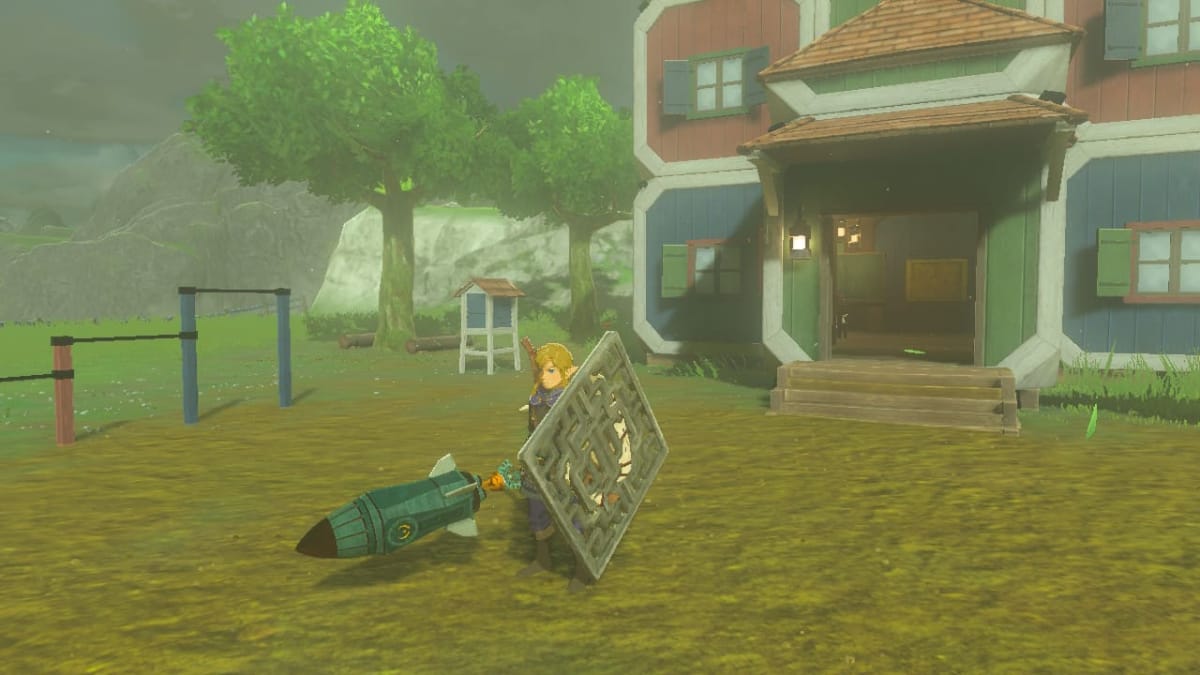 Link holding a rocket sword and shield with metal tiling