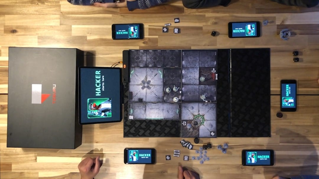A top down look at a game board using the Teburu system
