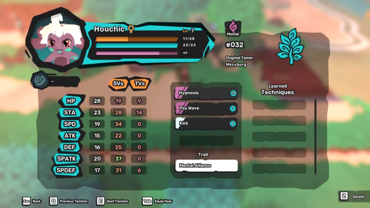 The stats for a Temtem