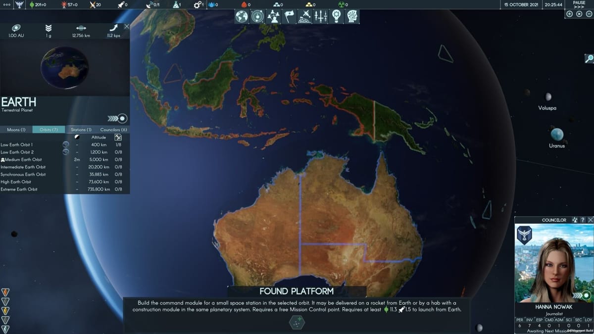A planetary strategy screen in Terra Invicta